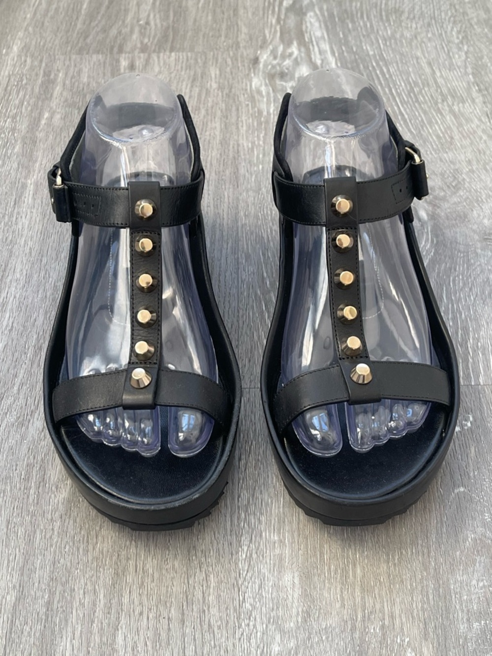 Balenciaga Black Leather T-Strap Sandals with Gold Studs